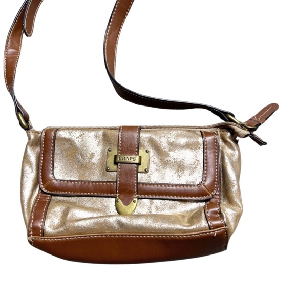 Chaps Handbags - Chaps Metallic Gold Brown Faux Leather Zip Crossbody Bag Functional Stylish Bag